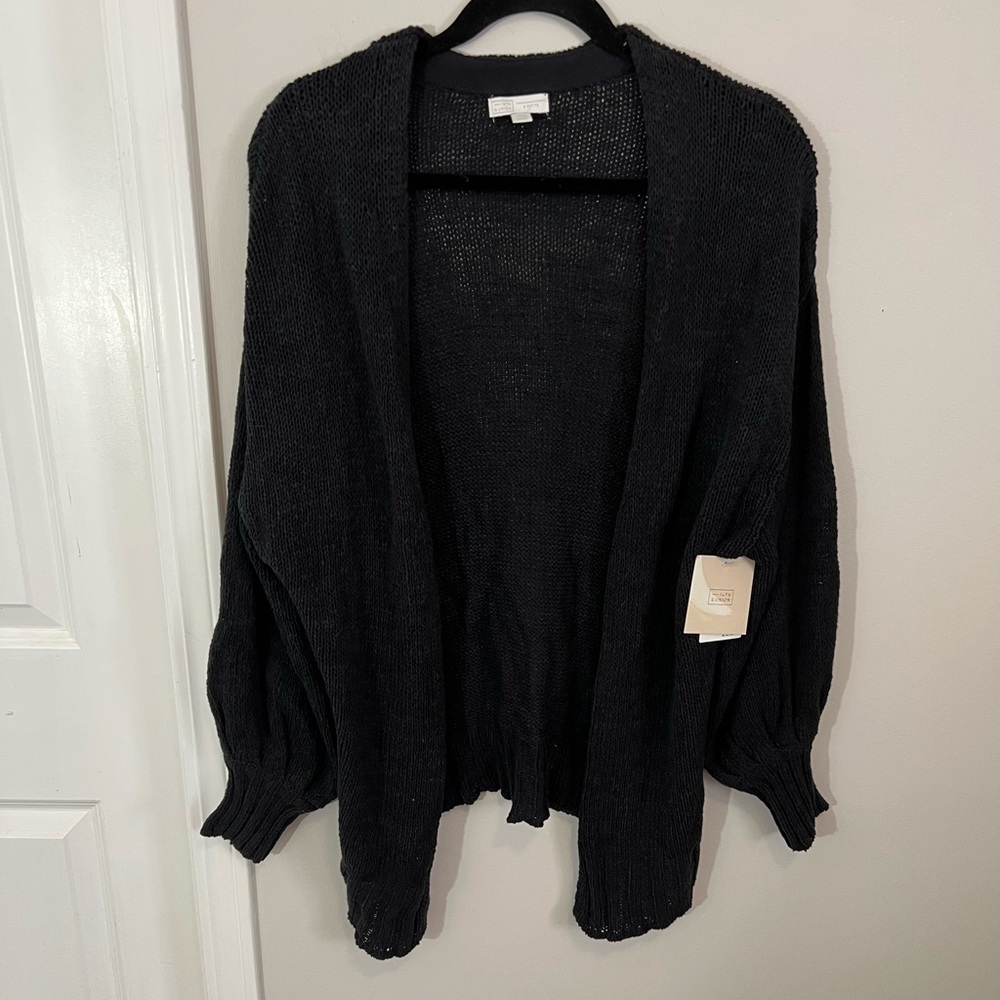 NWT 14th & Union Black Open-Front Knot Drop Shoulder Balloon Sleeve Cardigan